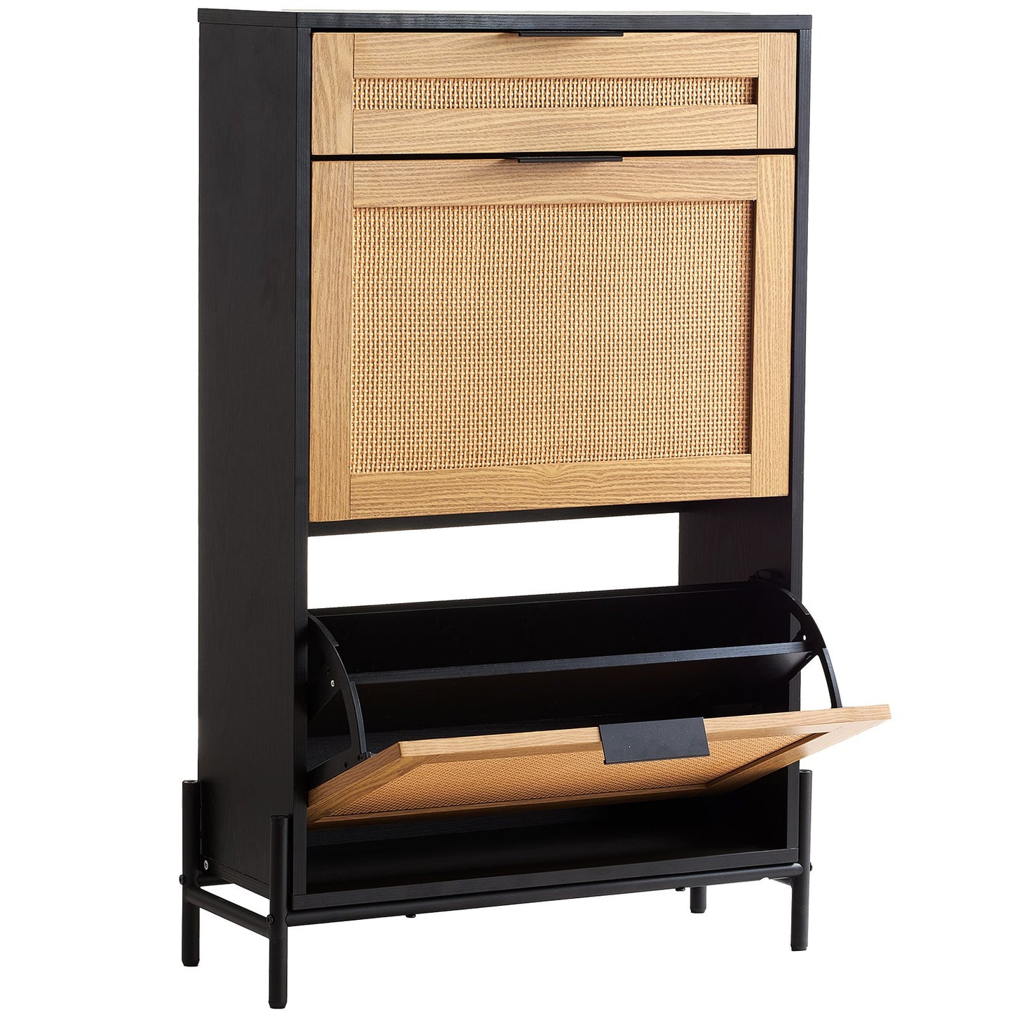 Furniture piece with wooden doors and black frame on a white background