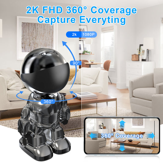 Black spherical camera with 2K FHD resolution and 360-degree coverage in a living room setting.