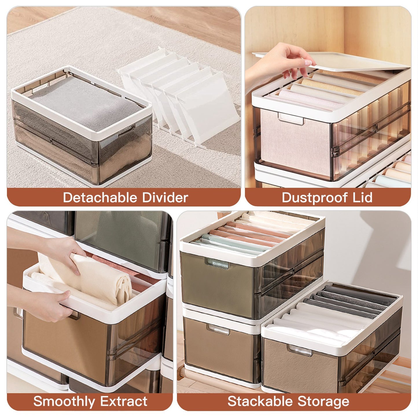 Collage of a storage box with detachable divider, dustproof lid, smooth extraction, and stackable design.