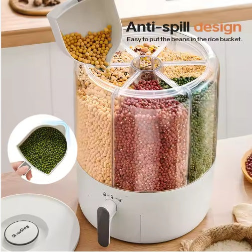 Multicolored beans in a transparent container with an anti-spill design feature.
