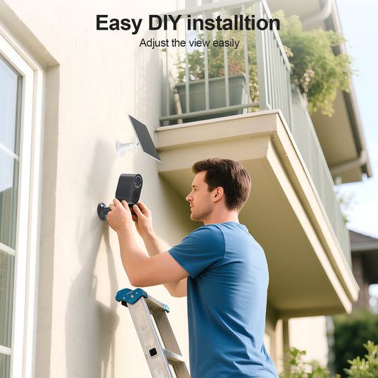 Person installing a security camera on a house exterior with text 'Easy DIY installation' and 'Adjust the view easily'.