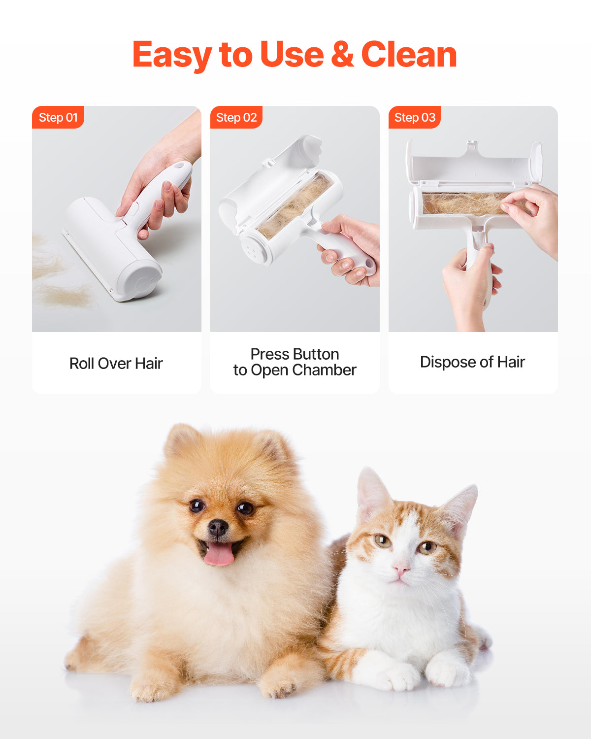 Pet grooming tool with step-by-step instructions and two pets on a white background