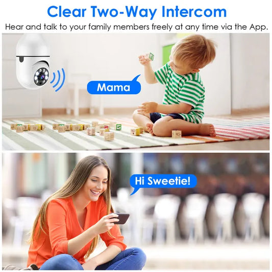 Two-way intercom system with child and woman using smartphone, indoor setting.