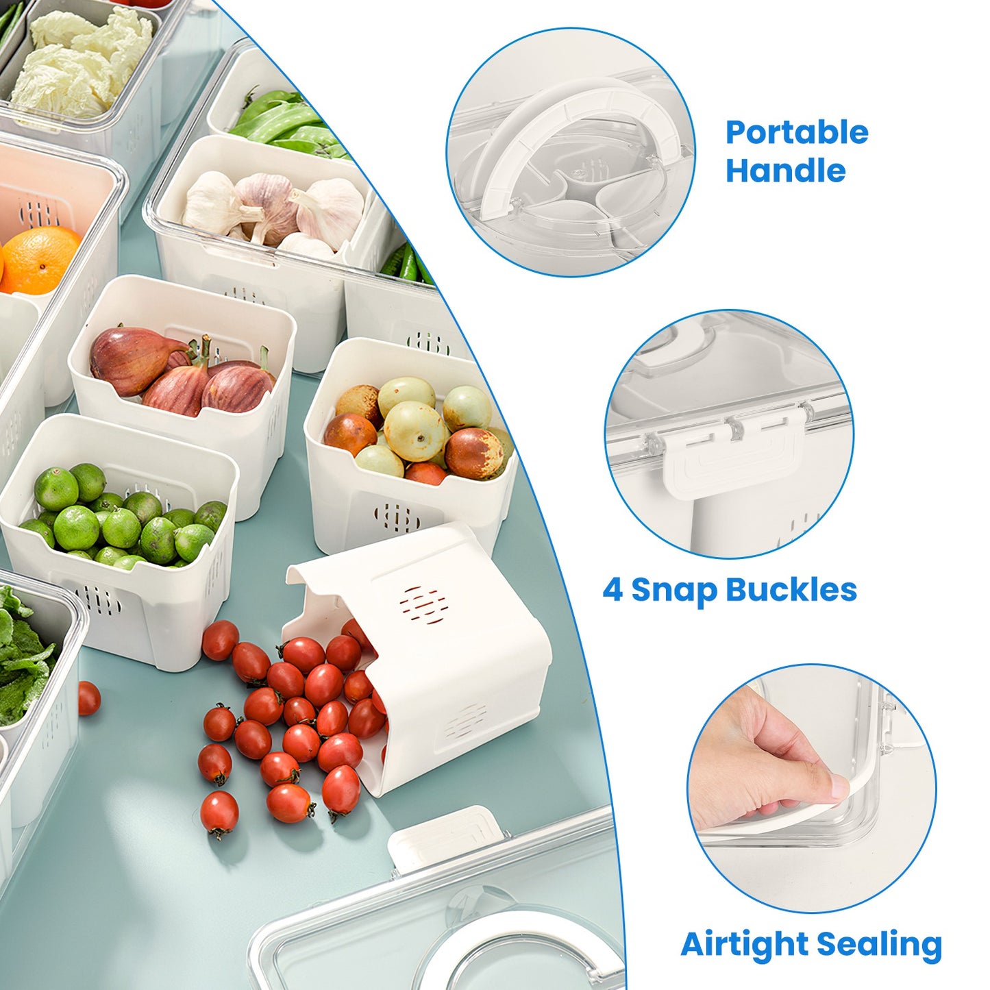 White food storage containers with vegetables and details on handle, snap buckles, and airtight sealing.