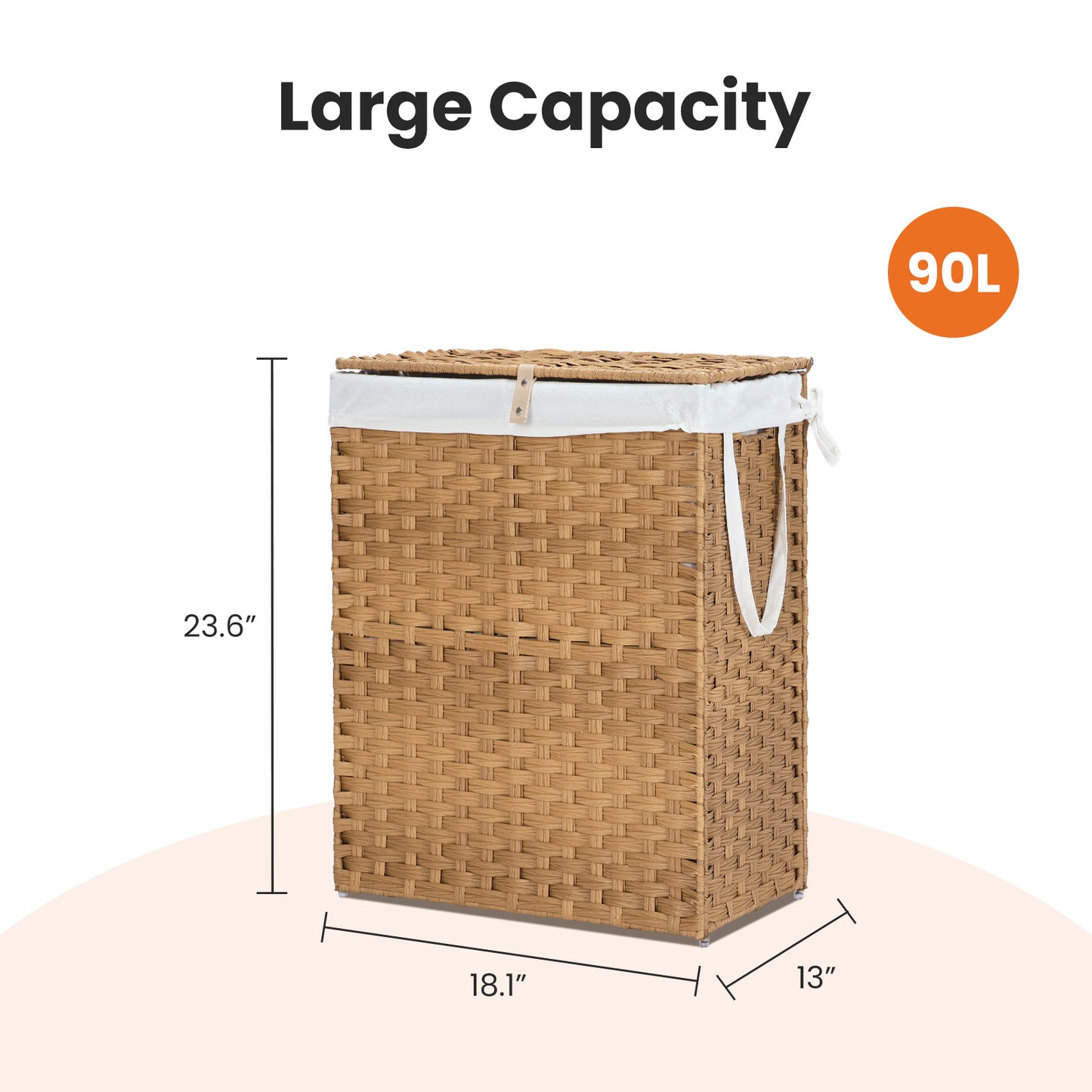 Woven laundry basket with dimensions and capacity label on a white background