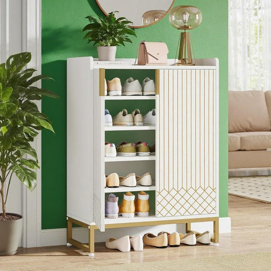 Modern 5-Tier Shoe Cabinet Organizer — Slim Entryway Storage Rack (White & Gold)