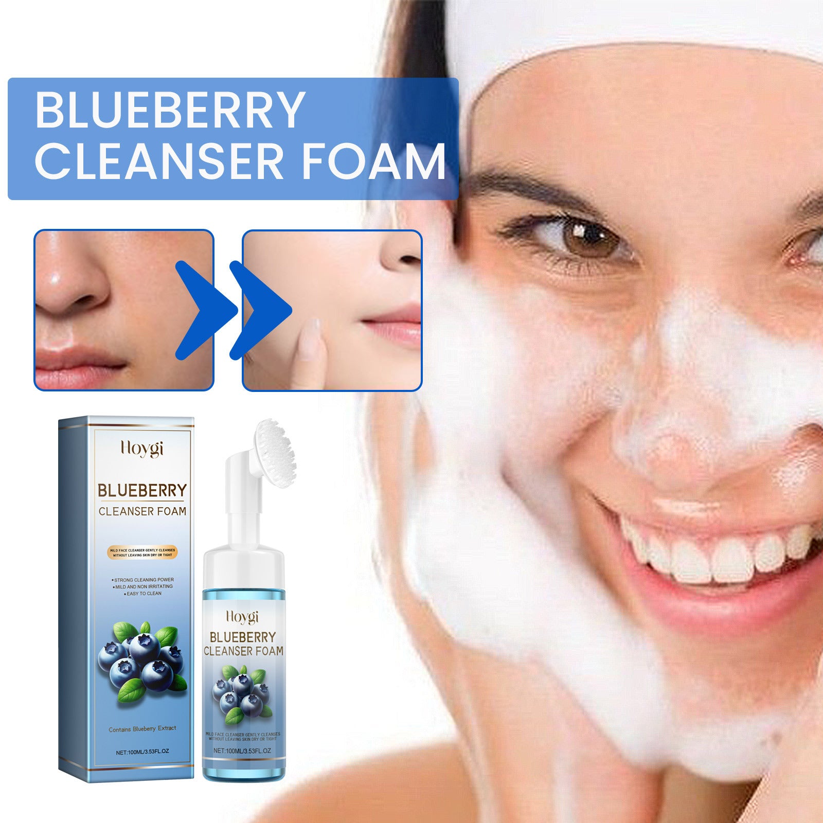 Horygi Blueberry Cleansing Mousse Brush – Brightening Facial Foam & Exfoliating Cleanser