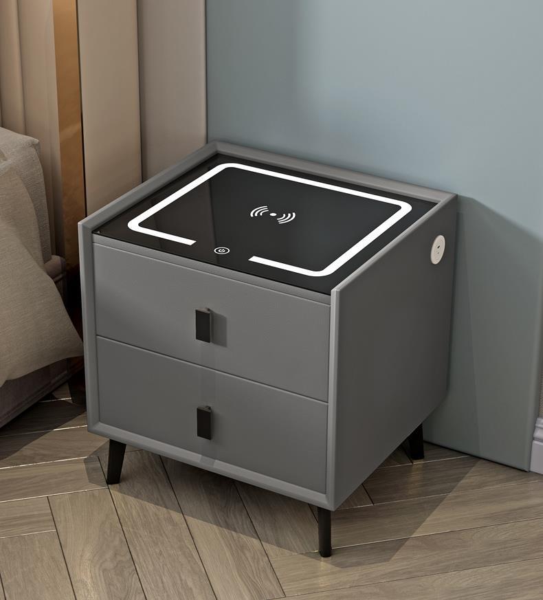 Smart Wood Bedside Table with Wireless Charging & Bluetooth