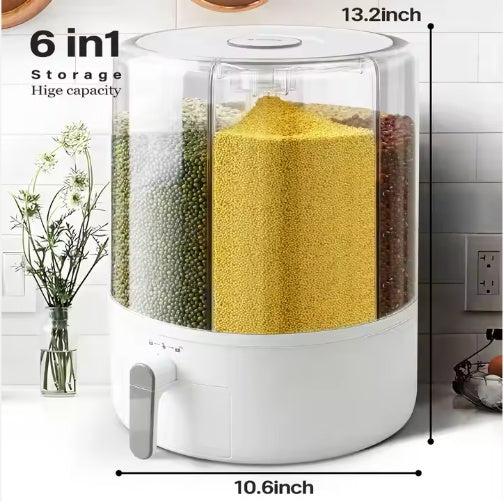 6-in-1 storage container with labeled dimensions and food items inside, on a kitchen counter.