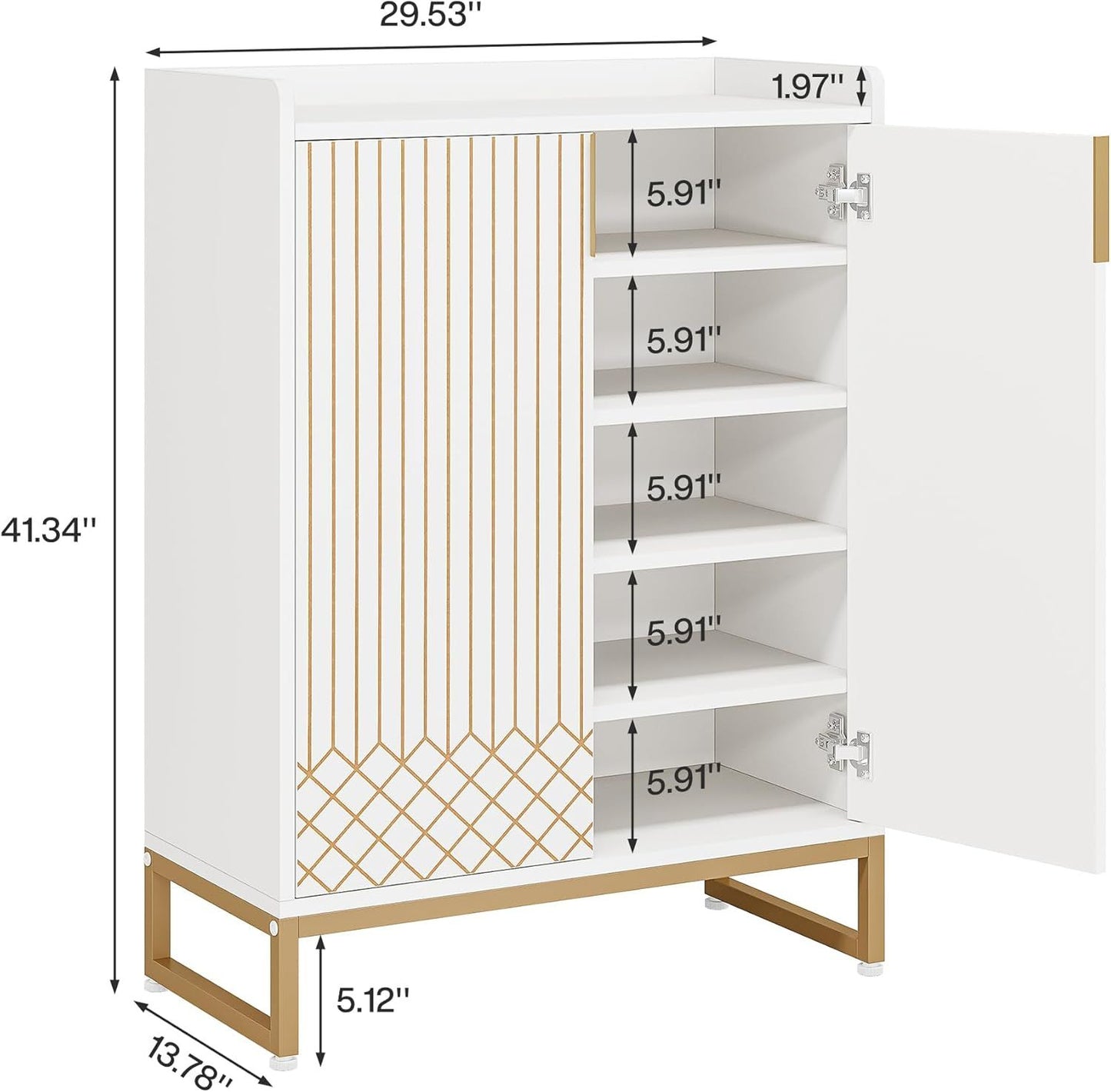 Modern 5-Tier Shoe Cabinet Organizer — Slim Entryway Storage Rack (White & Gold)