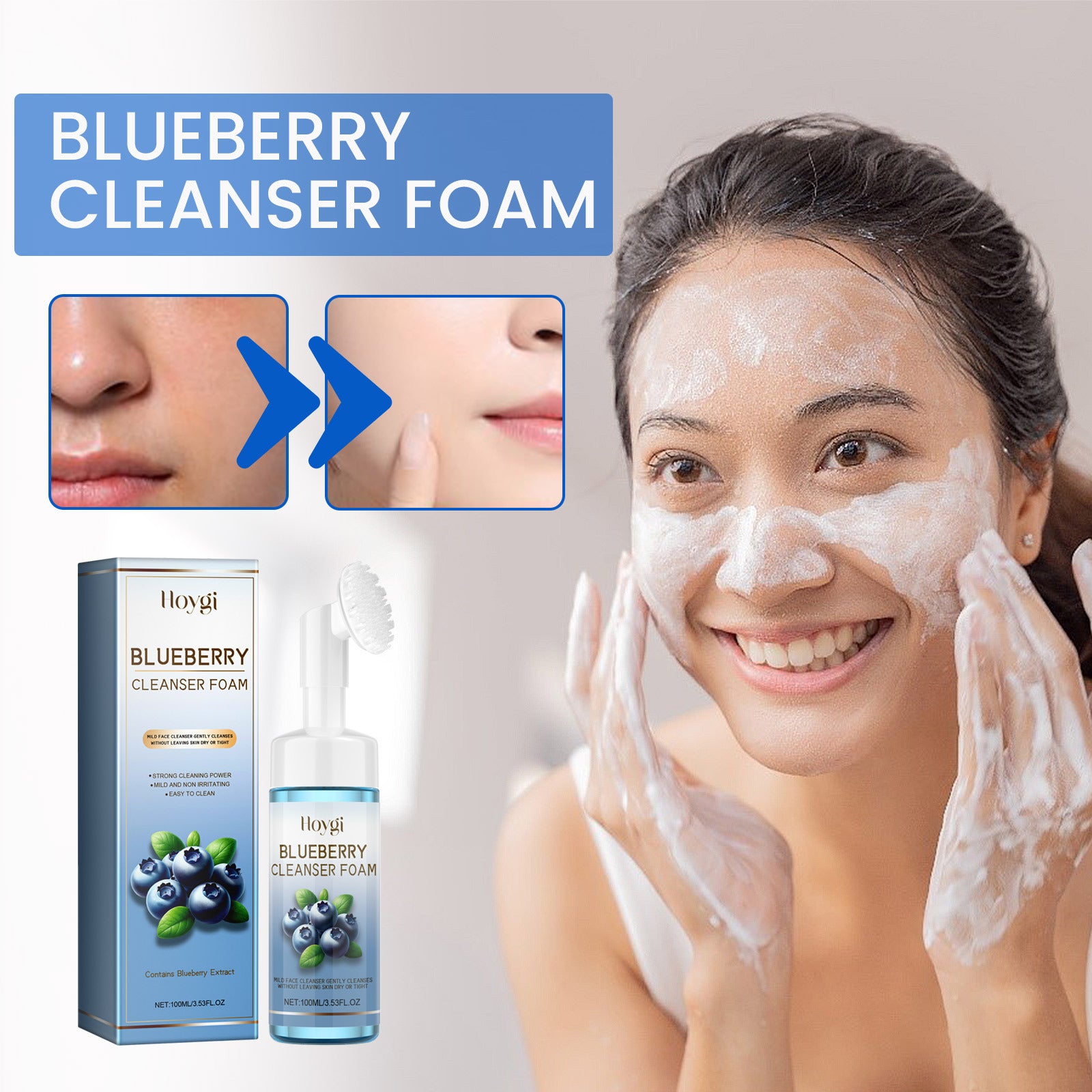 Horygi Blueberry Cleansing Mousse Brush – Brightening Facial Foam & Exfoliating Cleanser