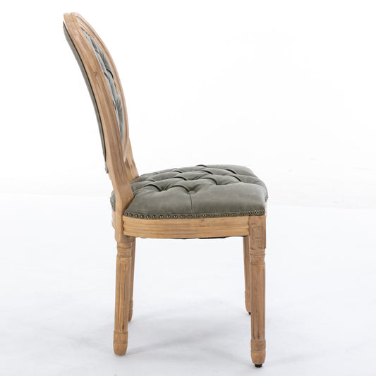 French Style Upholstered Dining Chairs Set of 2 — Tufted PU Leather with Nailhead Trim (Olive Green)