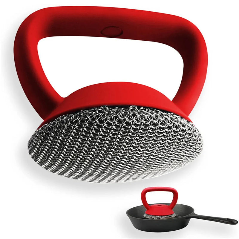 316 Stainless Steel Cast Iron Scrubber – Chainmail Brush with Handle for Pots & Pans
