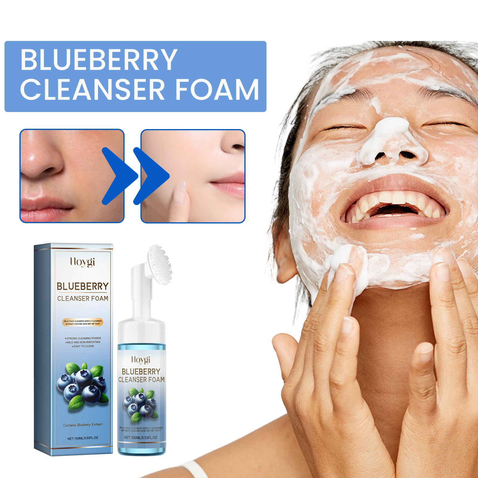 Horygi Blueberry Cleansing Mousse Brush – Brightening Facial Foam & Exfoliating Cleanser