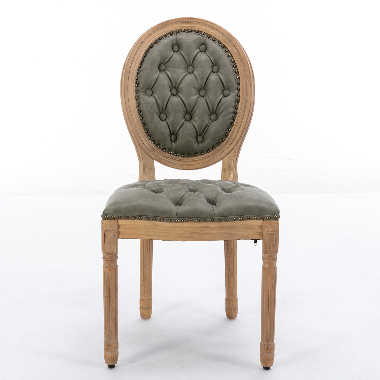 French Style Upholstered Dining Chairs Set of 2 — Tufted PU Leather with Nailhead Trim (Olive Green)