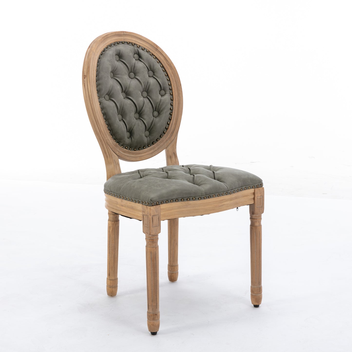 French Style Upholstered Dining Chairs Set of 2 — Tufted PU Leather with Nailhead Trim (Olive Green)