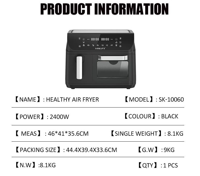 SOKANY10060 12L Dual-Pot Smart Air Fryer – 2400W Alloy Body with Visualization Window