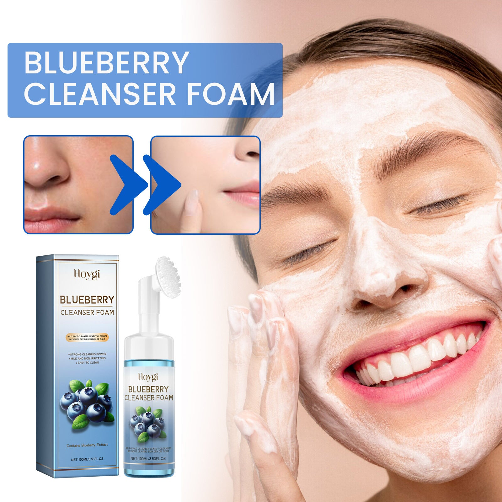 Horygi Blueberry Cleansing Mousse Brush – Brightening Facial Foam & Exfoliating Cleanser