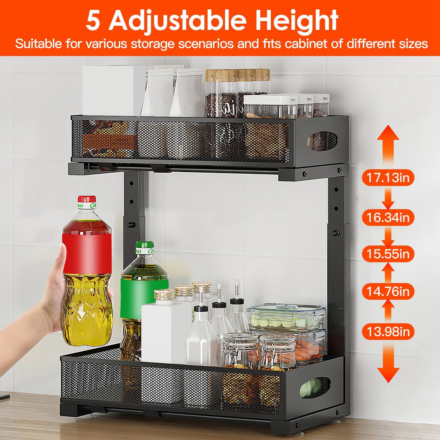 Adjustable height kitchen shelf with various items and height measurement indicators.