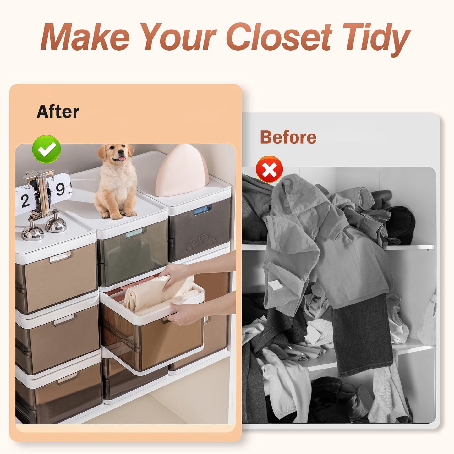 Before and after comparison of a closet with storage solutions, showing a tidy space with a dog and organized items versus a messy space.