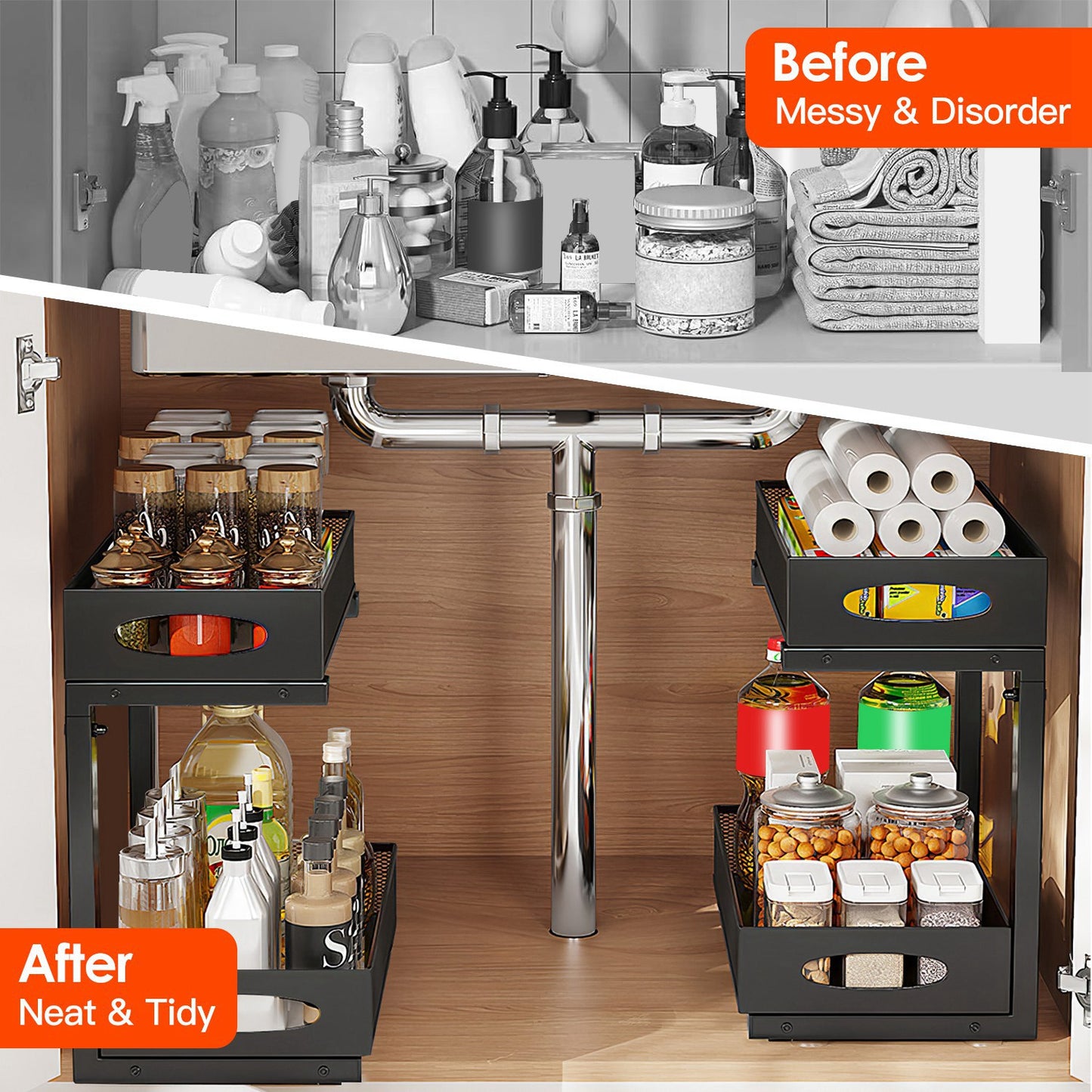Before and after comparison of a kitchen cabinet with messy and tidy organization.