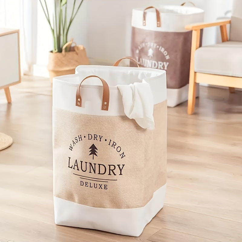 Beige laundry bag with 'Wash Dry Iron Laundry Deluxe' text on a wooden floor.