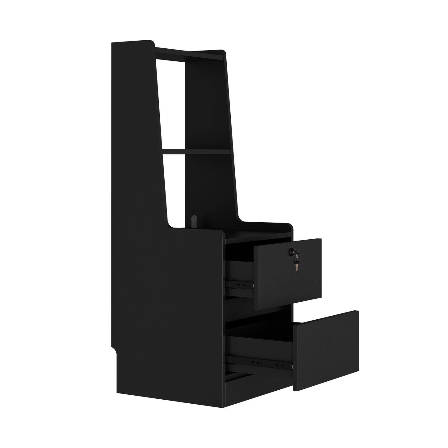 Black computer desk with shelves and drawers on a white background