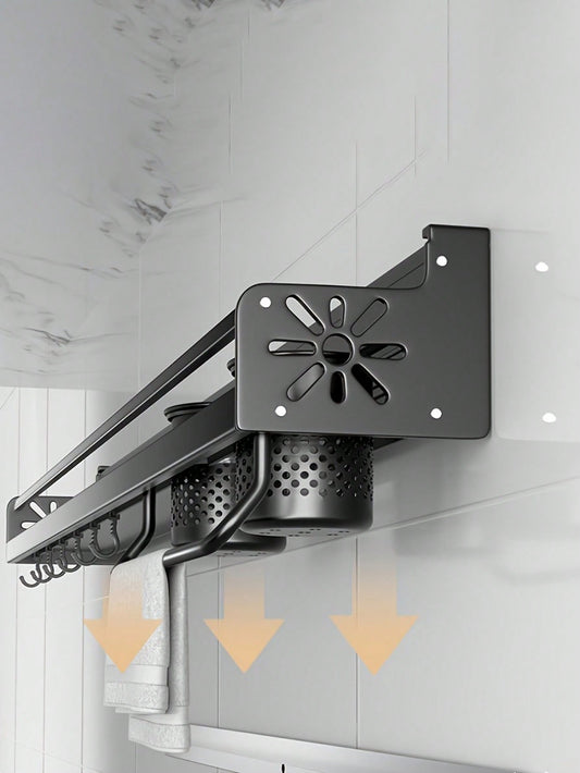 Black kitchen rack mounted on a tiled wall with arrows indicating movement.