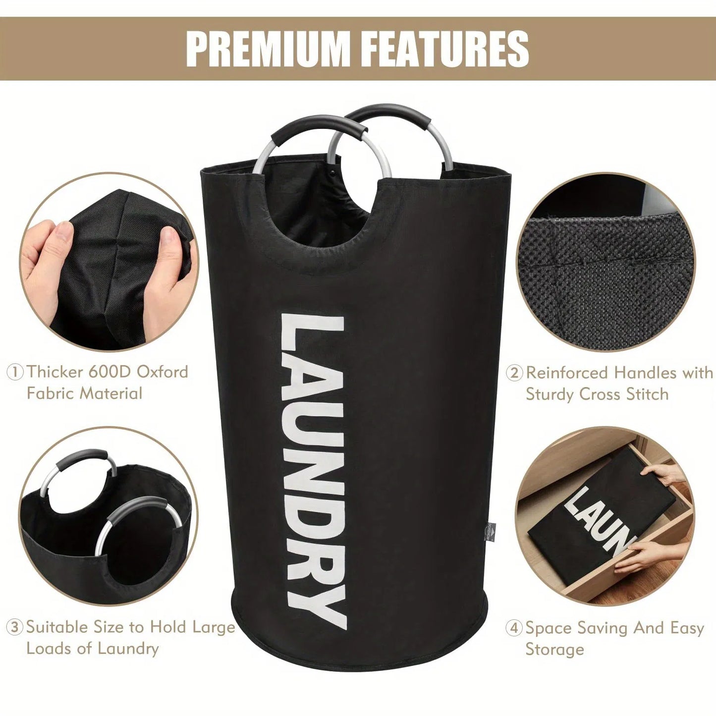 Black laundry bag with 'LAUNDRY' text, featuring premium features on a beige background.