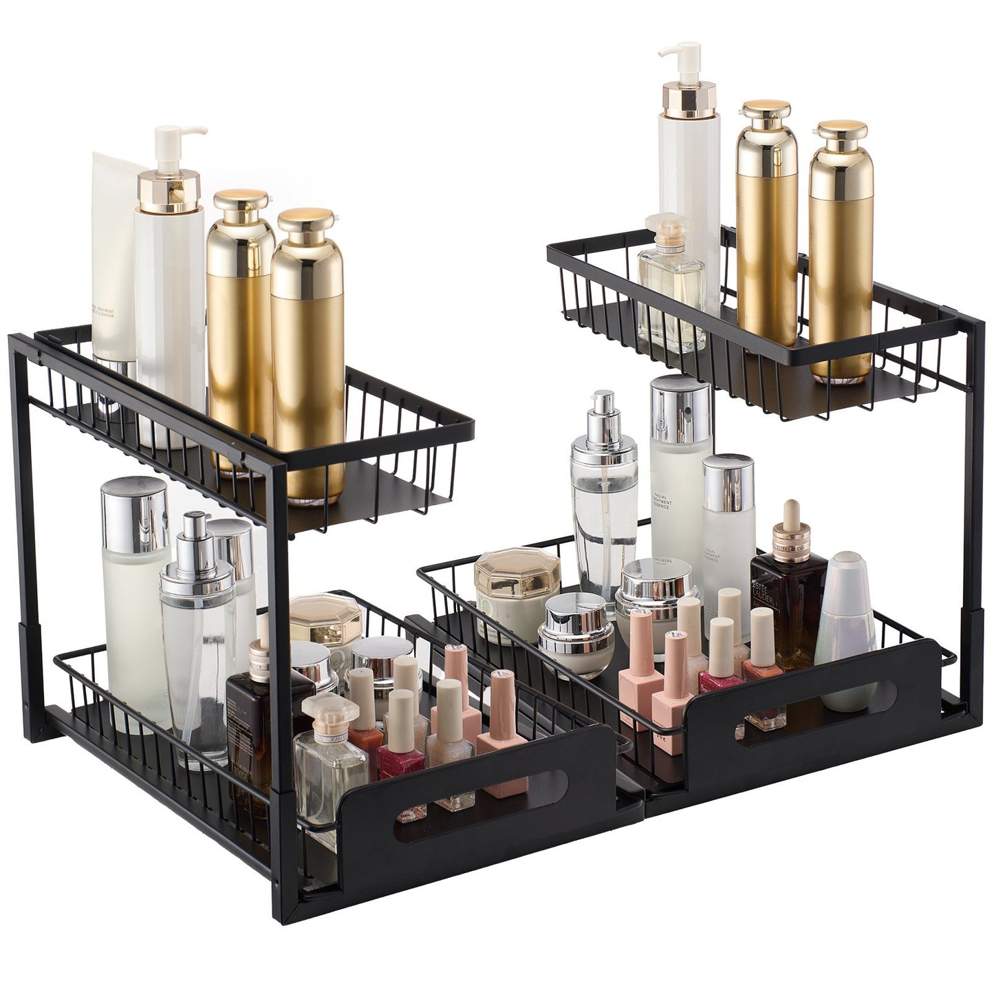 Black metal cosmetic organizer with various bottles and containers on a white background