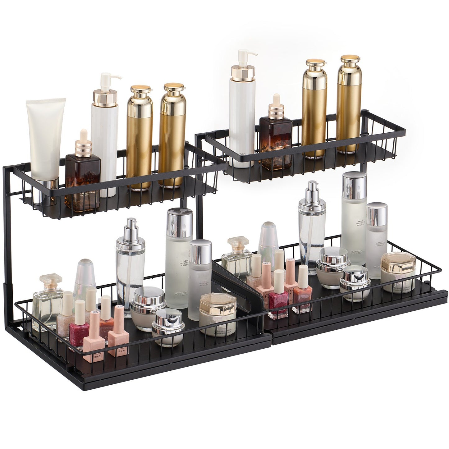 Black metal cosmetic organizer with various skincare and makeup products on a white background