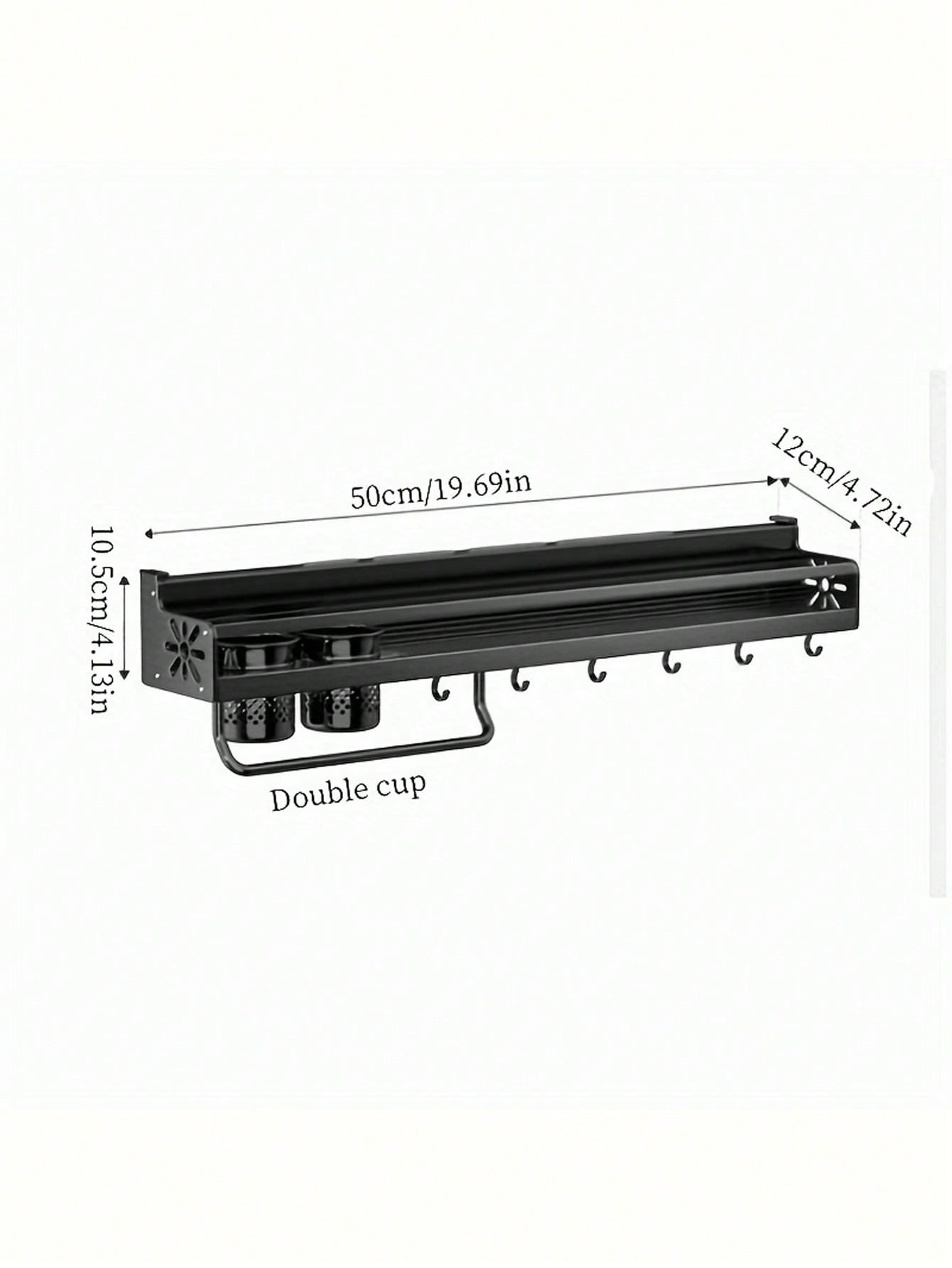 Black metal cup rack with dimensions on a white background