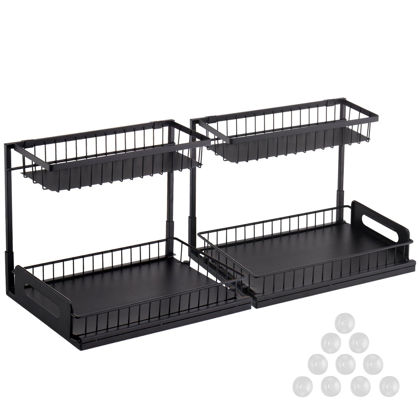 Black metal kitchen organizer with multiple tiers on a white background
