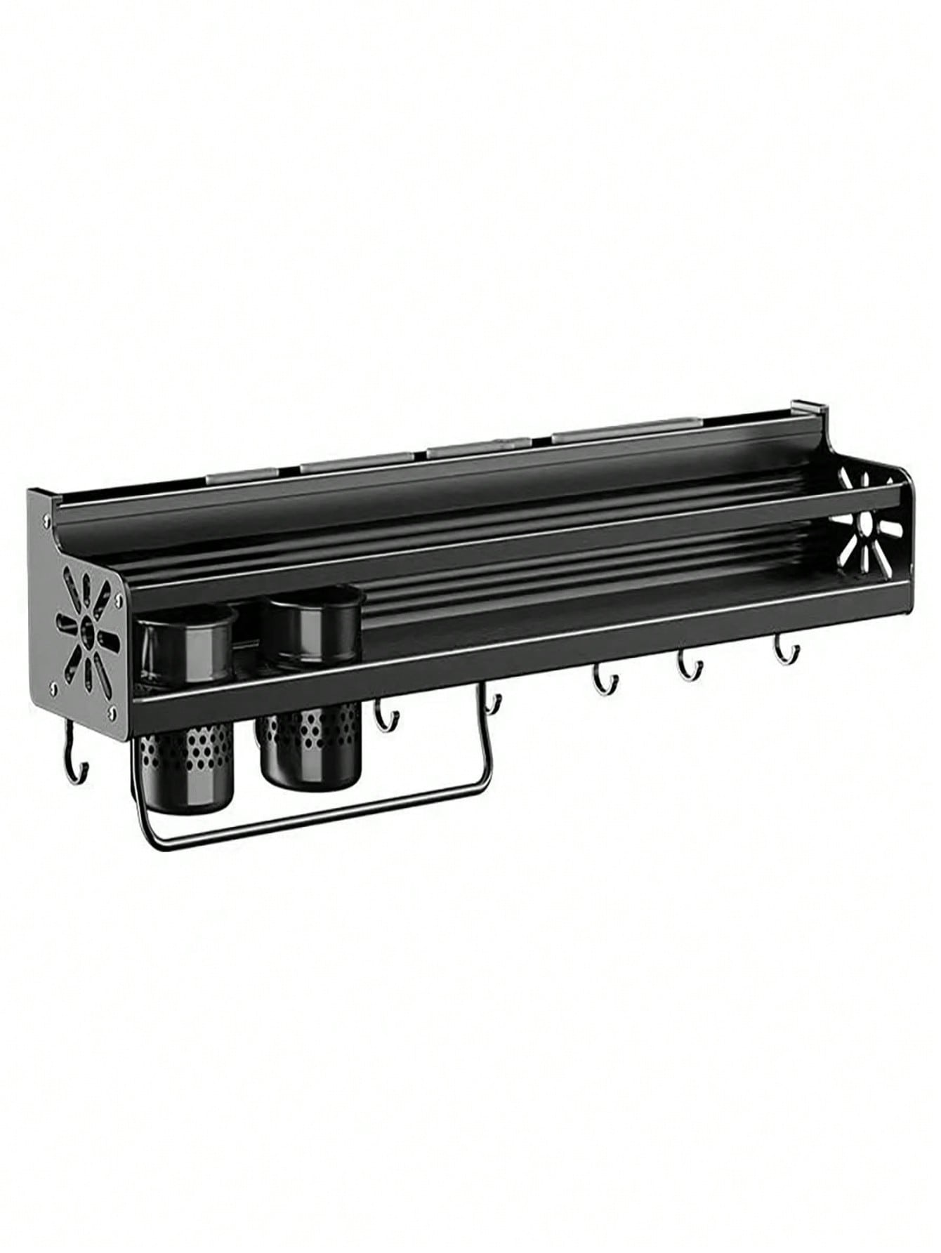 Black metal shelf with hooks and cylindrical holders on a white background