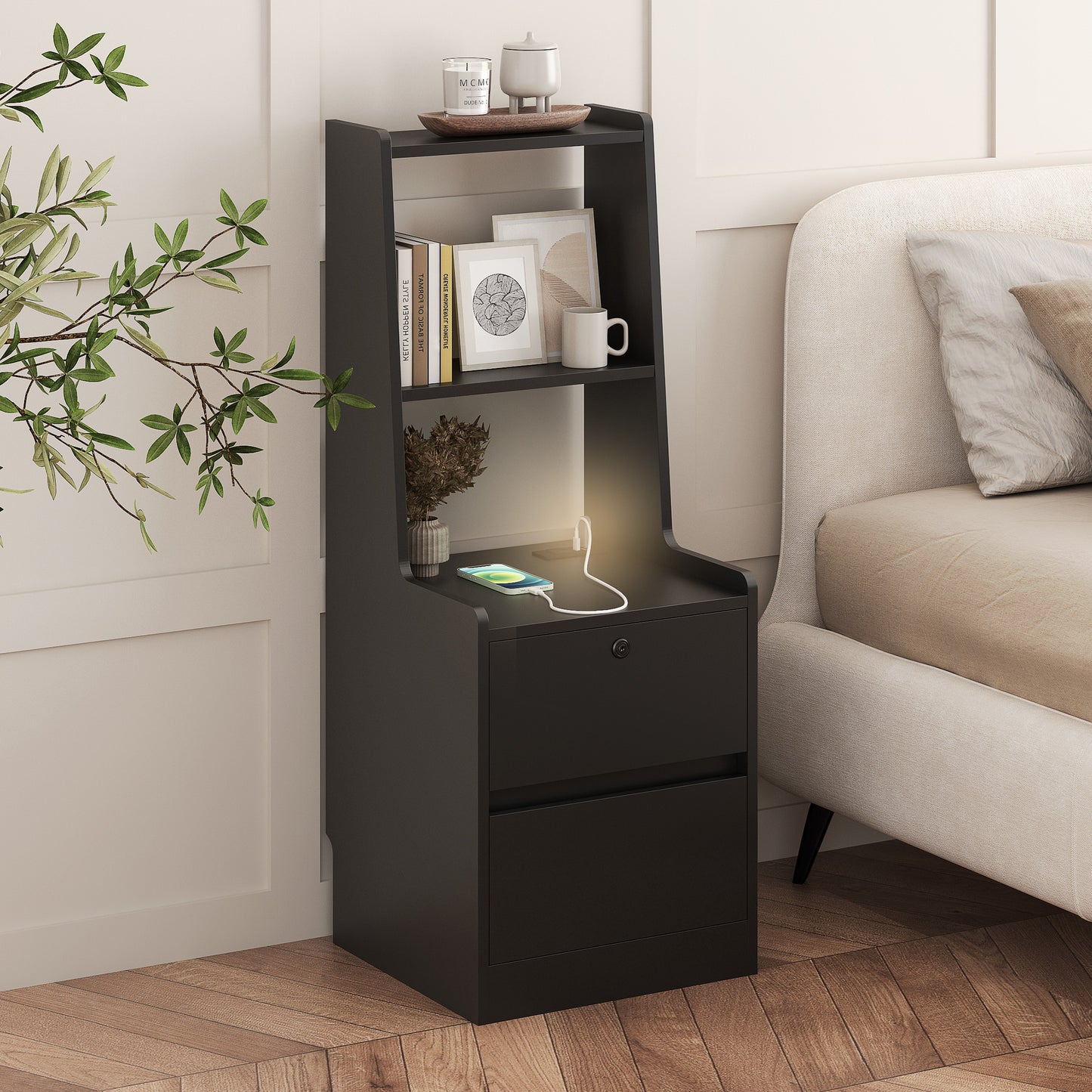 Black nightstand with drawers and shelves next to a bed in a bedroom setting.