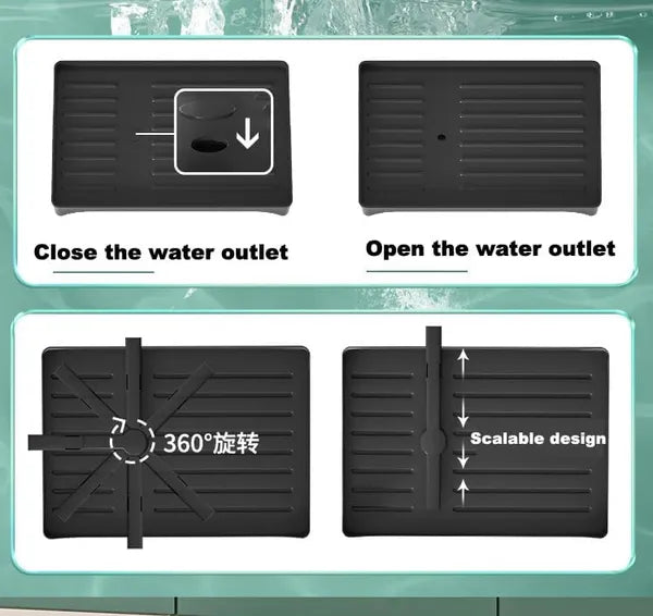 Black rubber mat with water outlet control and scalability features on a green background