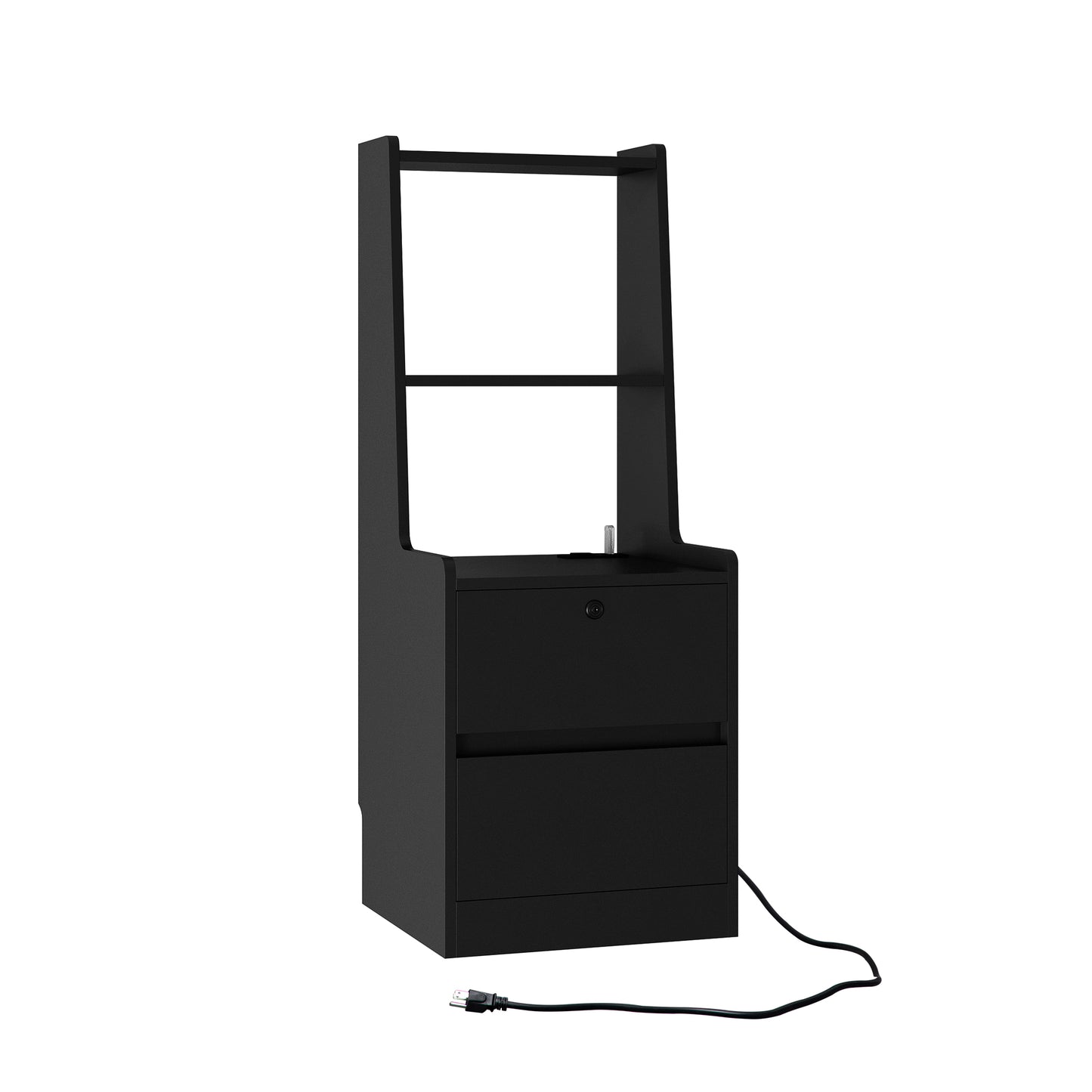 Black shelving unit with a drawer and power cord on a white background