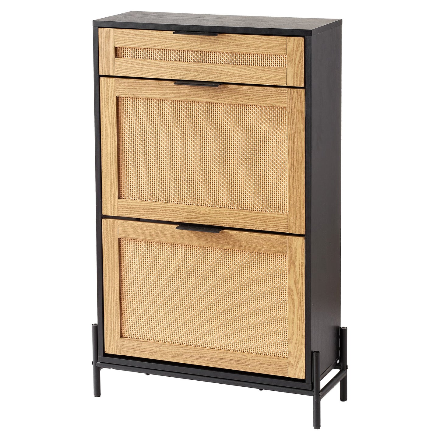 Cabinet with wicker doors and black frame on a white background