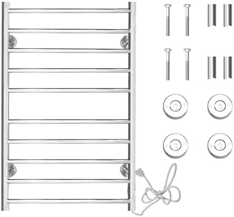 Chrome towel radiator with mounting hardware on a white background