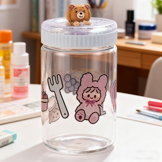 Clear jar with cartoon designs and a small teddy bear on a desk