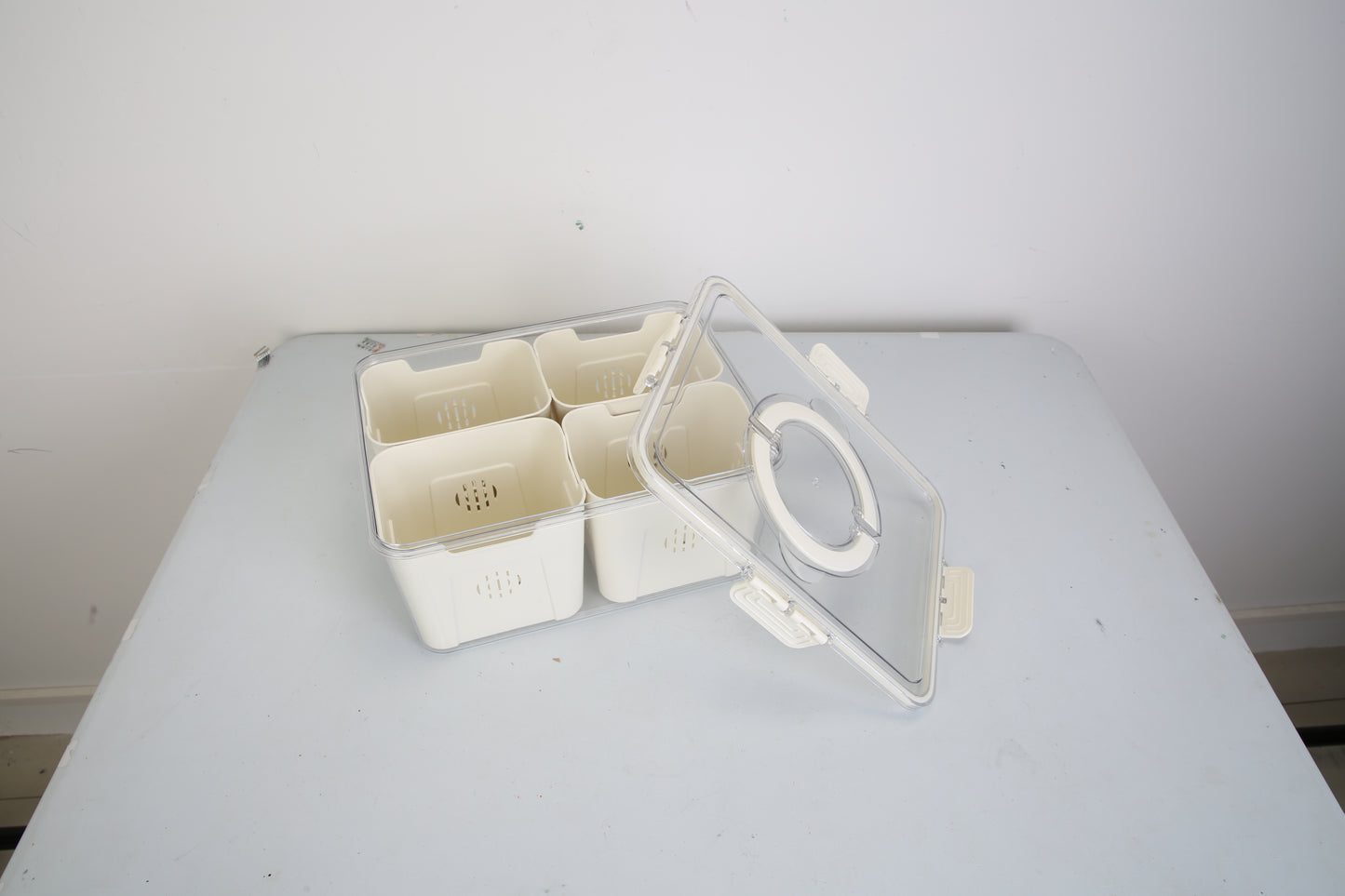 Clear plastic container with white interior on a gray surface