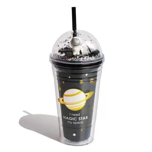 Clear tumbler with a black lid and straw featuring a space-themed design on a white background.