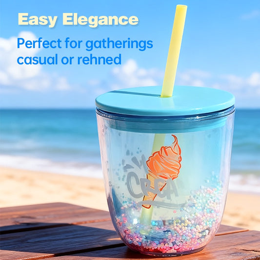 Clear tumbler with blue lid and ice cream design on a beach background