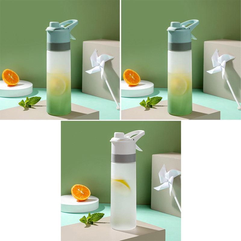 Collage of a gradient water bottle with lemon and mint on a green background