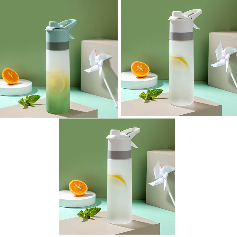 Collage of a water bottle with lemon and mint on a green background
