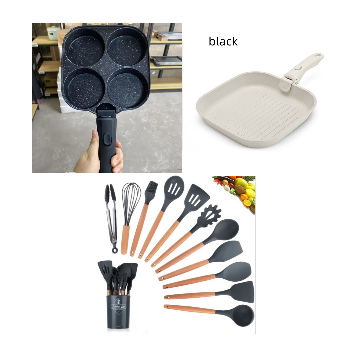 Collage of kitchen utensils including a black four-socket pan, a beige frying pan, and a set of kitchen tools.
