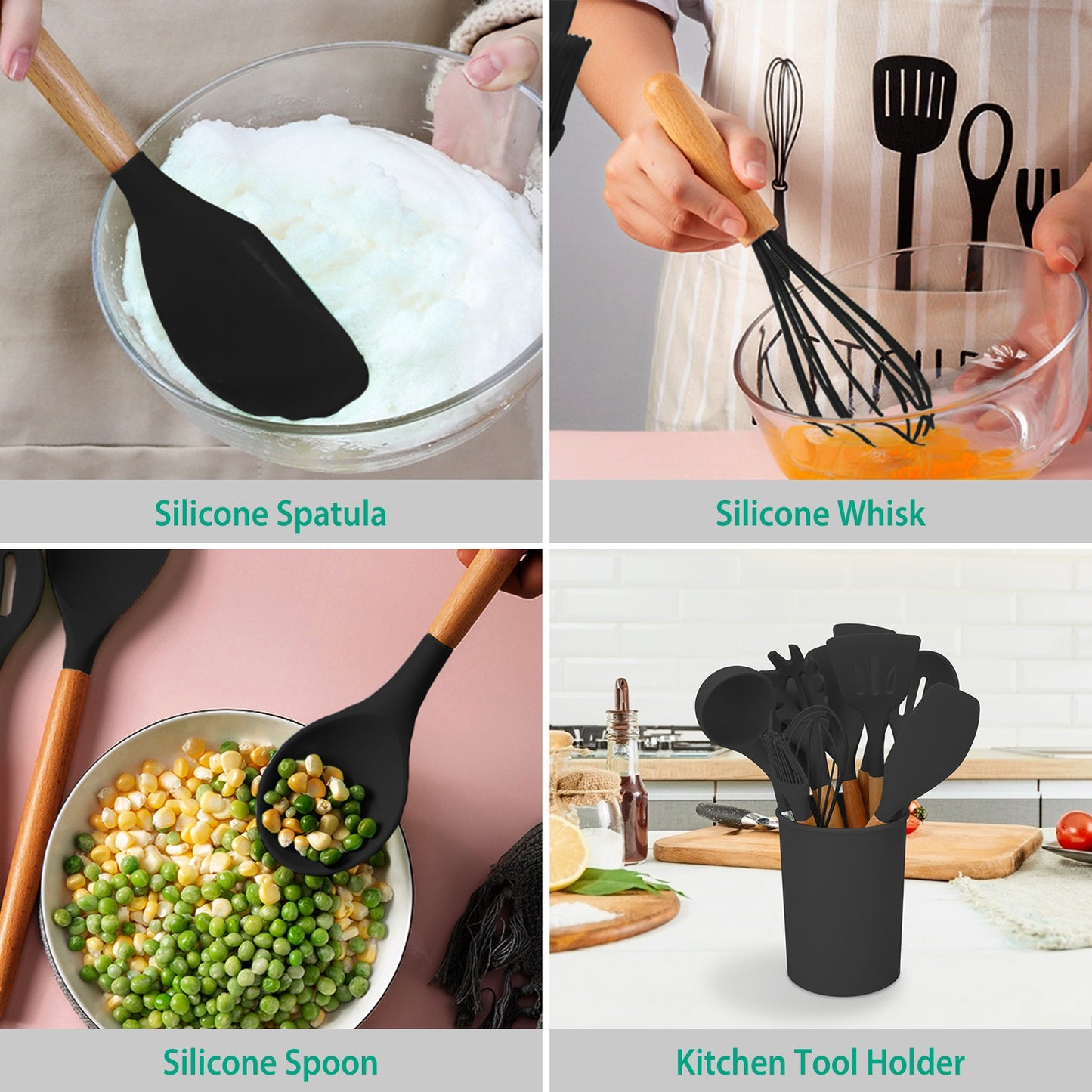 Collage of silicone kitchen utensils including spatula, whisk, spoon, and holder with a kitchen background.