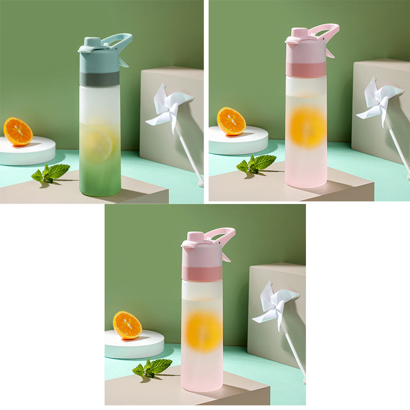 Collage of three water bottles with colorful infusers on a green background