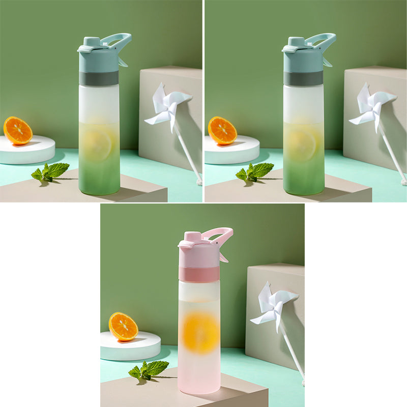 Collage of two water bottles with colorful designs on a green background.