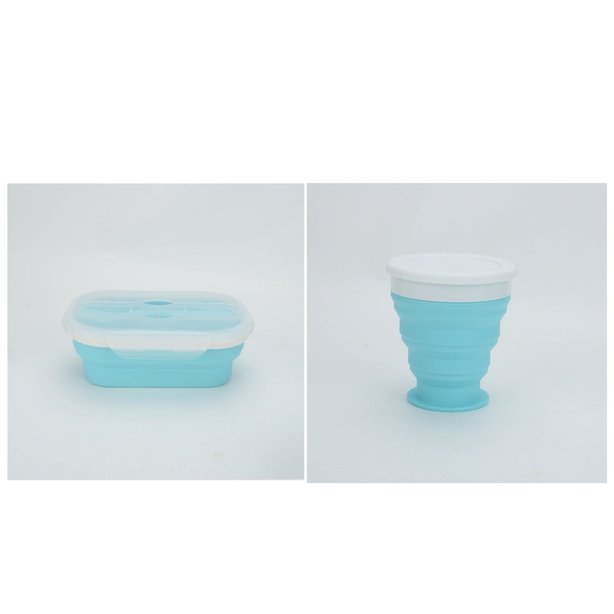 Collapsible blue silicone cup and container on a light gray background